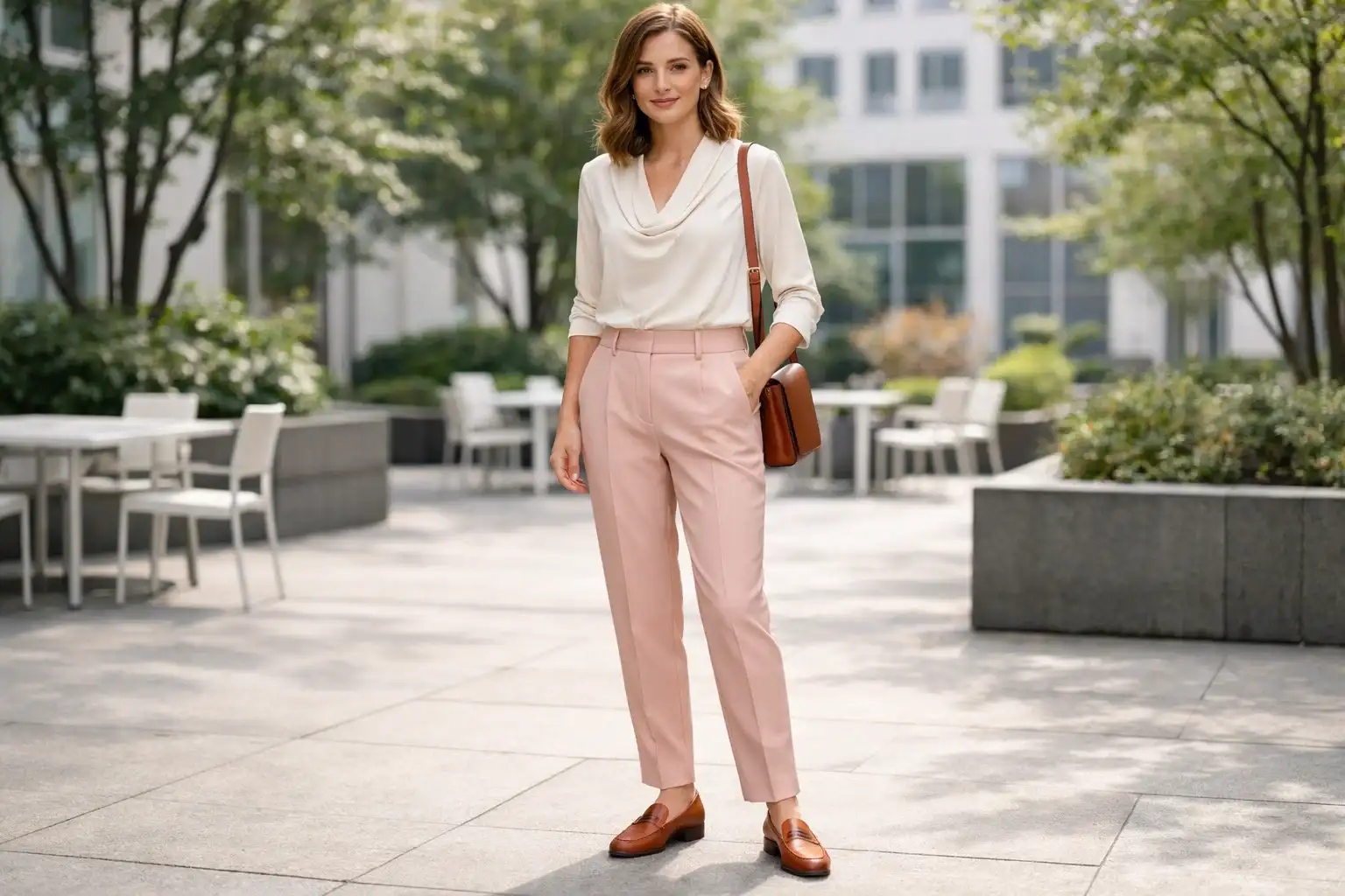 Wrap Blouse With Pastel Trousers and Loafers
