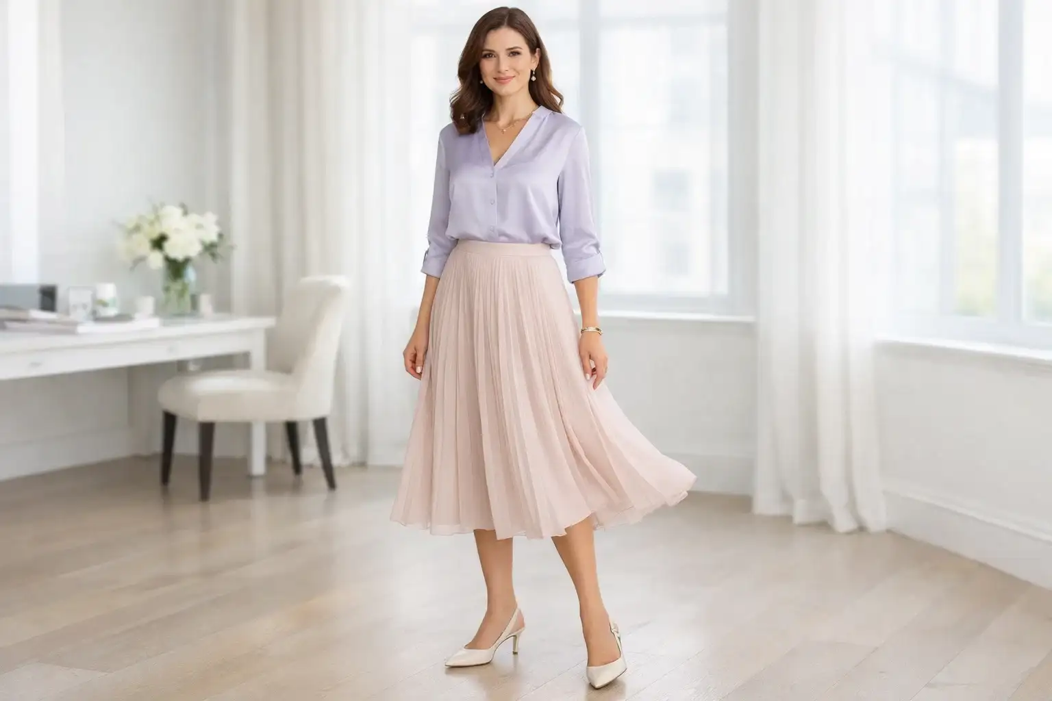 Silk Blouse Tucked Into a Pleated Midi Skirt