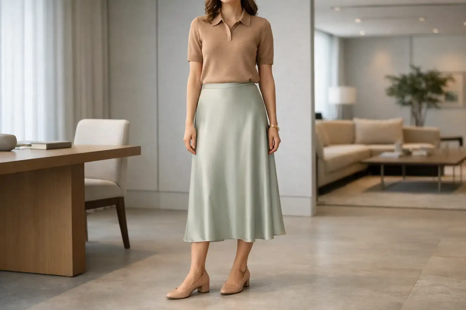 Knit Polo With a Fluid Midi Skirt