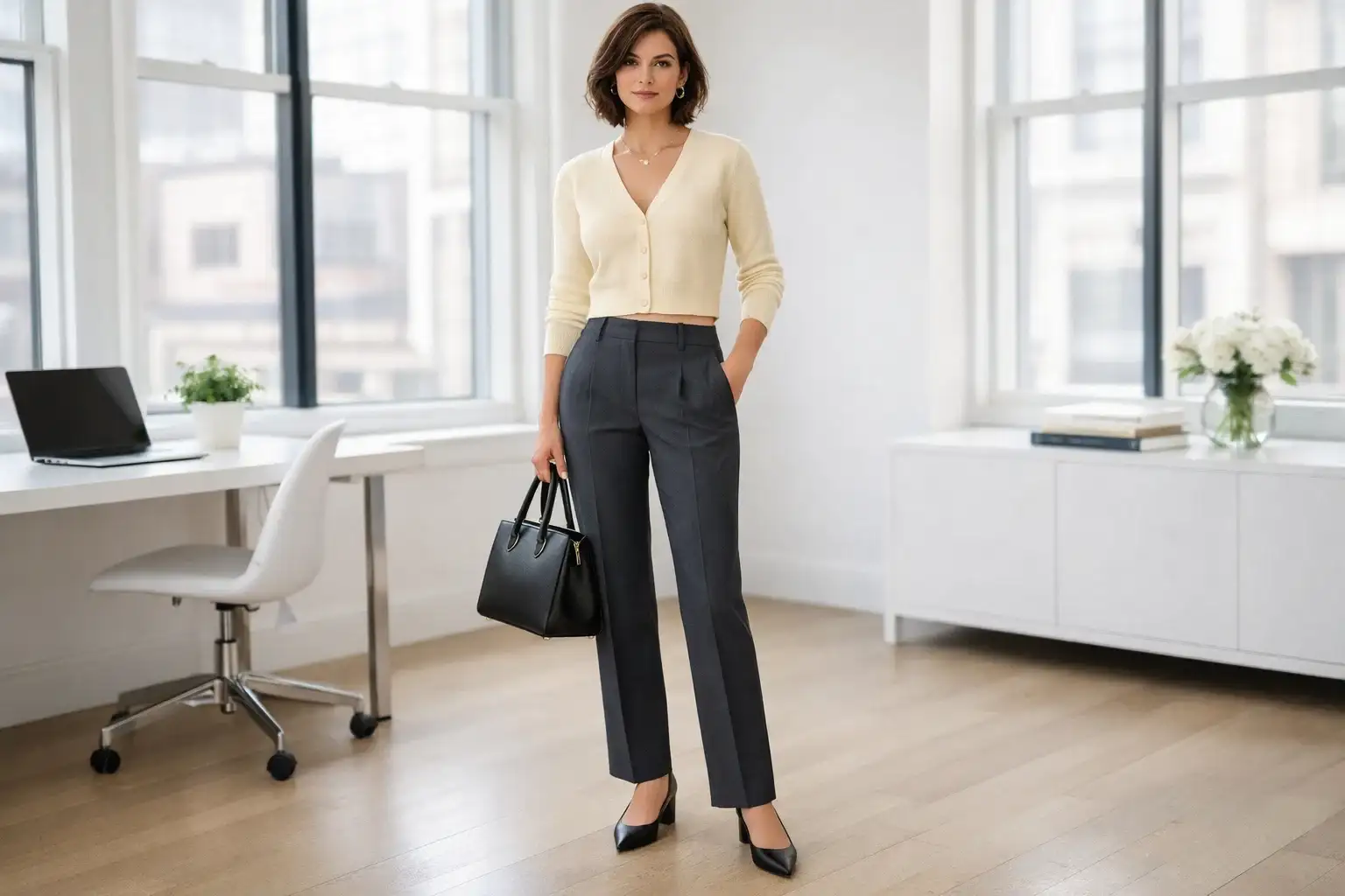 Cropped Cardigan Over High Rise Tailored Trousers