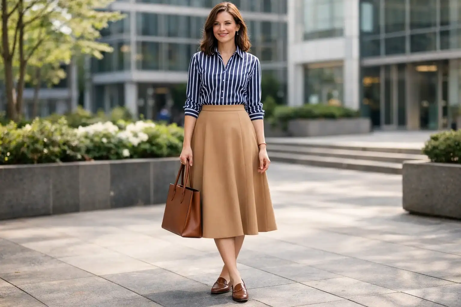 Striped Button Down With a Smart Midi Skirt