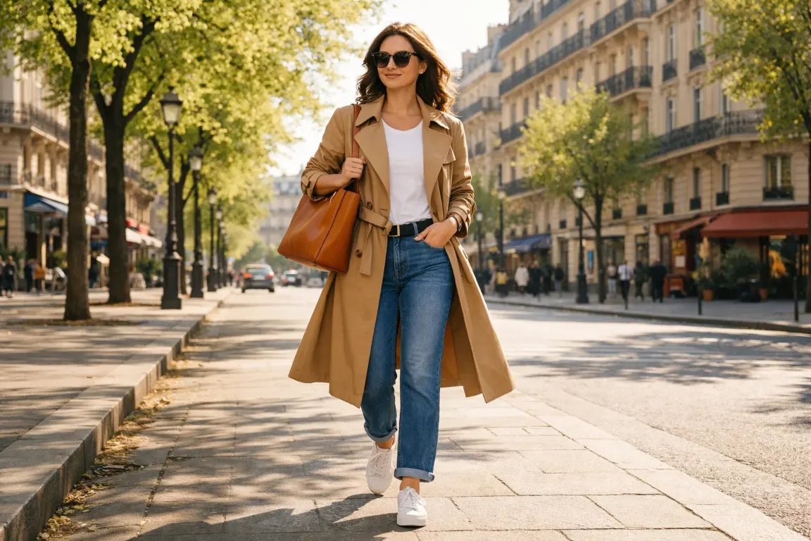 Classic Trench Coat with Straight-Leg Jeans and White Sneakers