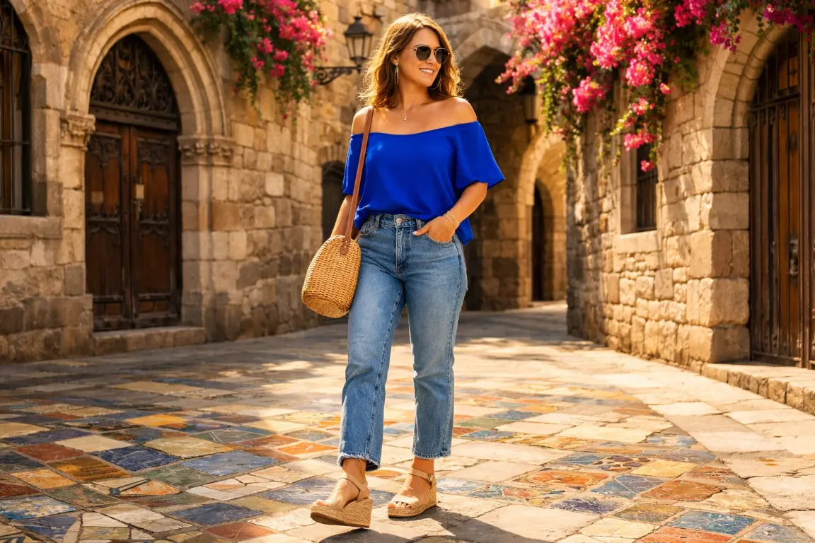 The Barcelona Look: Off-Shoulder Top with Relaxed Denim