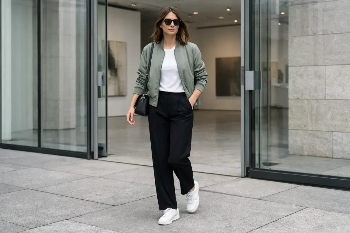 Muted Bomber Jacket with Fluid Black Trousers