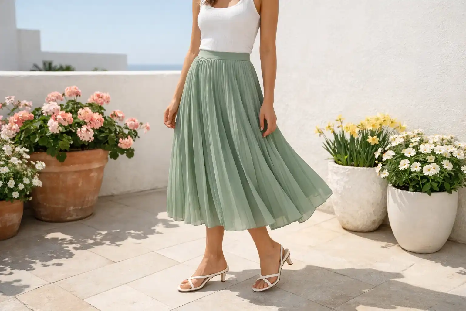 Choose a Pleated Midi Skirt with a Fitted Tank