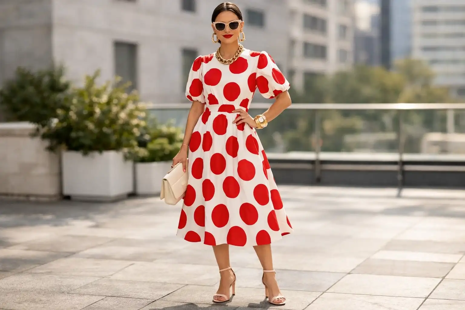 Bold Polka Dot Dress with Statement Accessories
