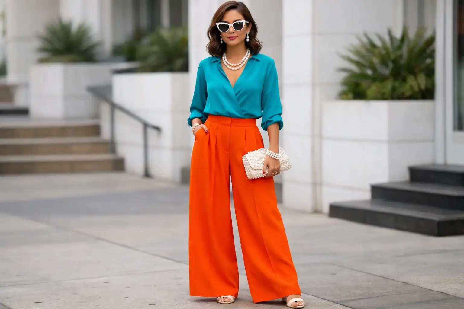 Bold Color-Mixed Separates with Pearl Accessories