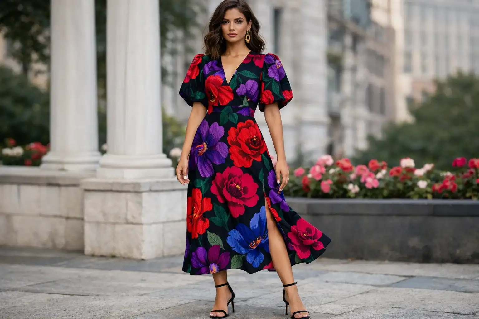 Bold Floral Print Midi Dress