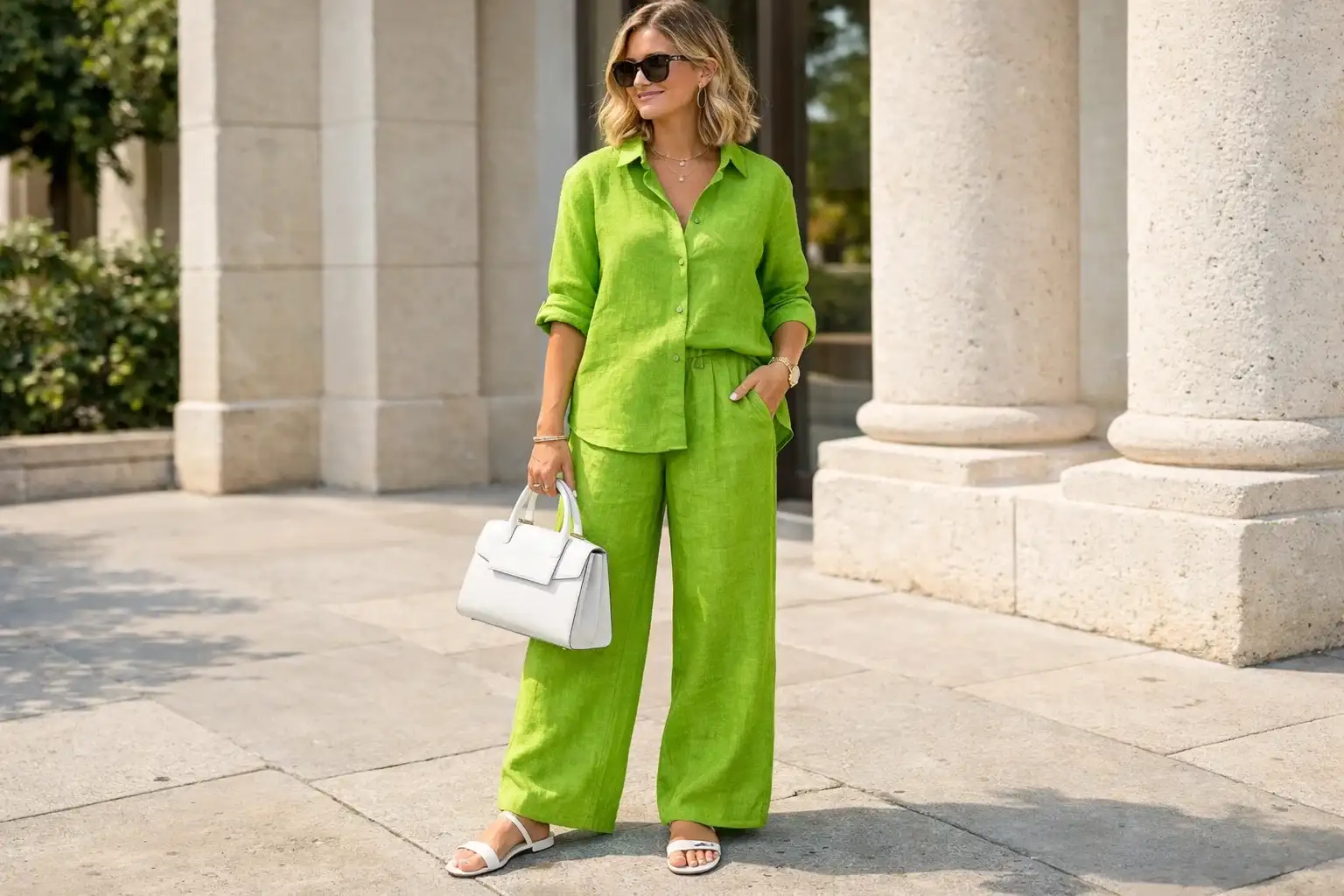 Lime Green Linen Set with White Accessories