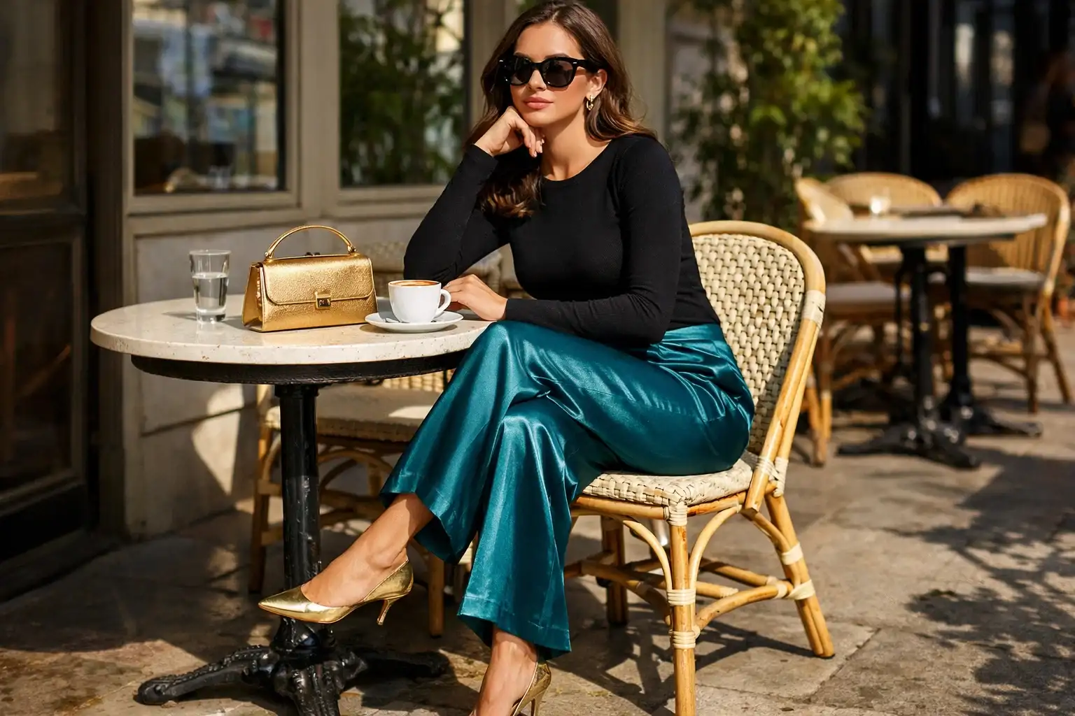 Teal Satin Pants with a Fitted Black Top