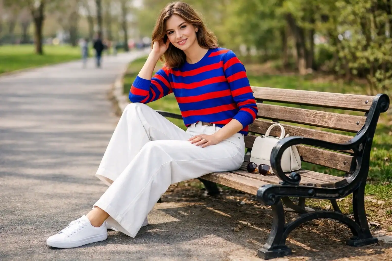 Bold Stripe Shirt and White Wide-Leg Jeans
