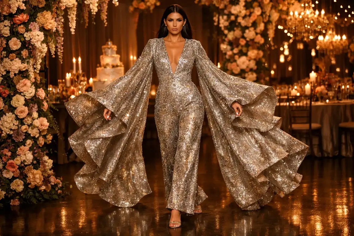 Embellished Jumpsuit with Dramatic Sleeves