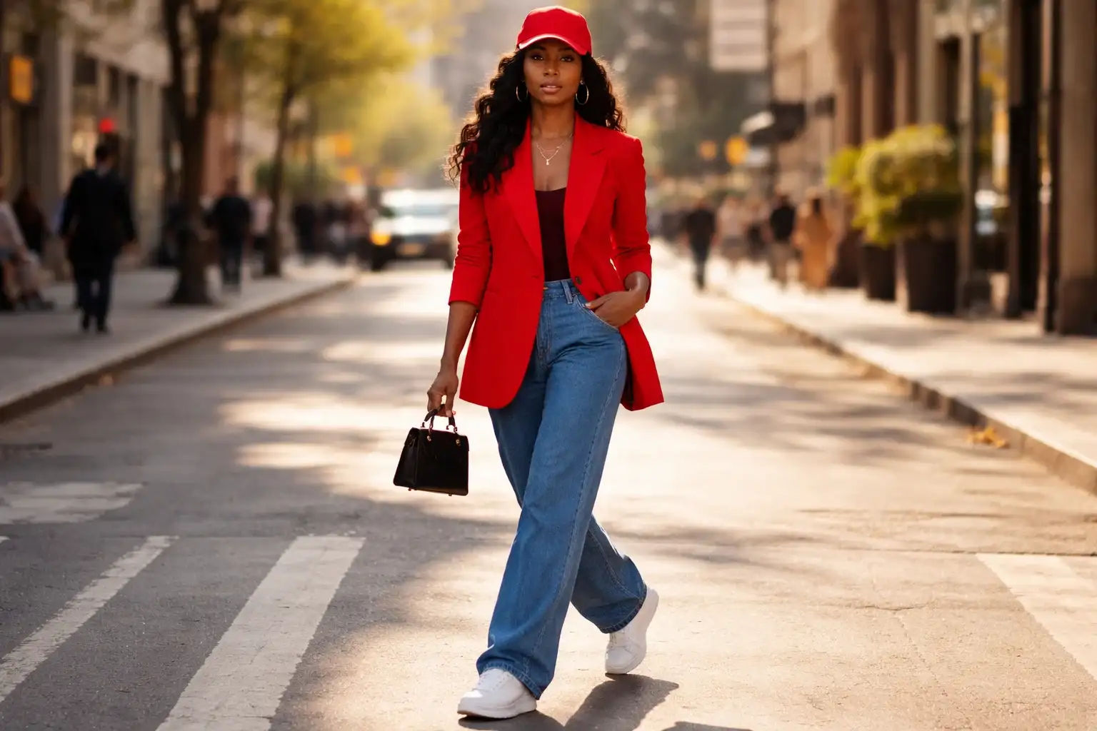 The Red Blazer with Wide-Leg Denim and a Baseball Cap