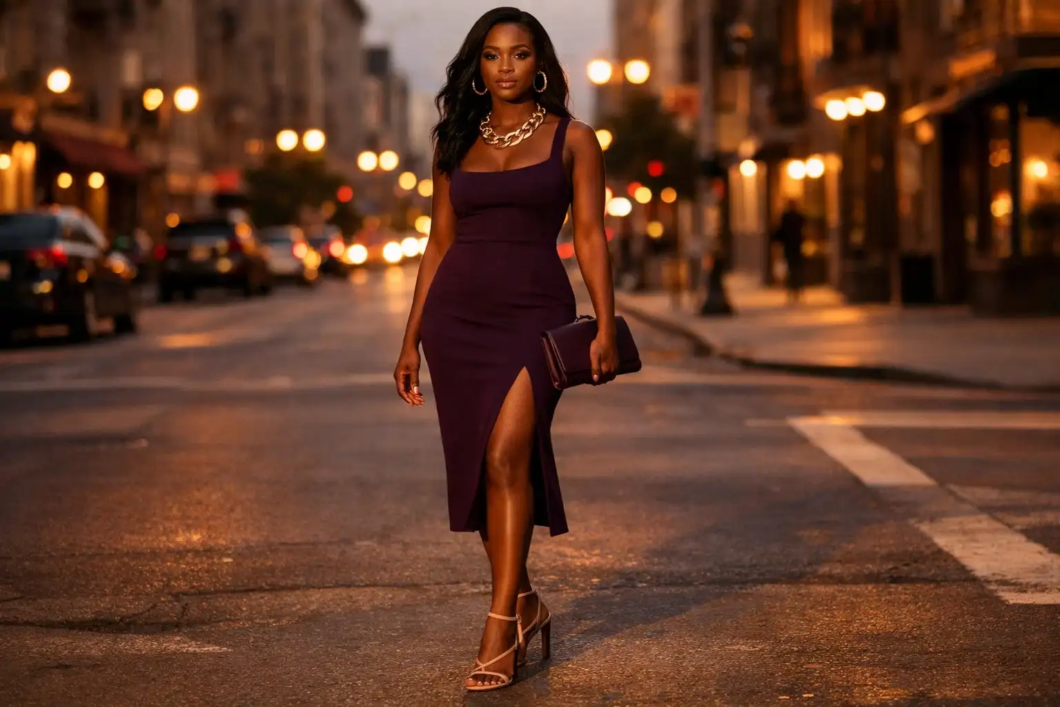 Plum Noir Statement Dress with Bold Accessories