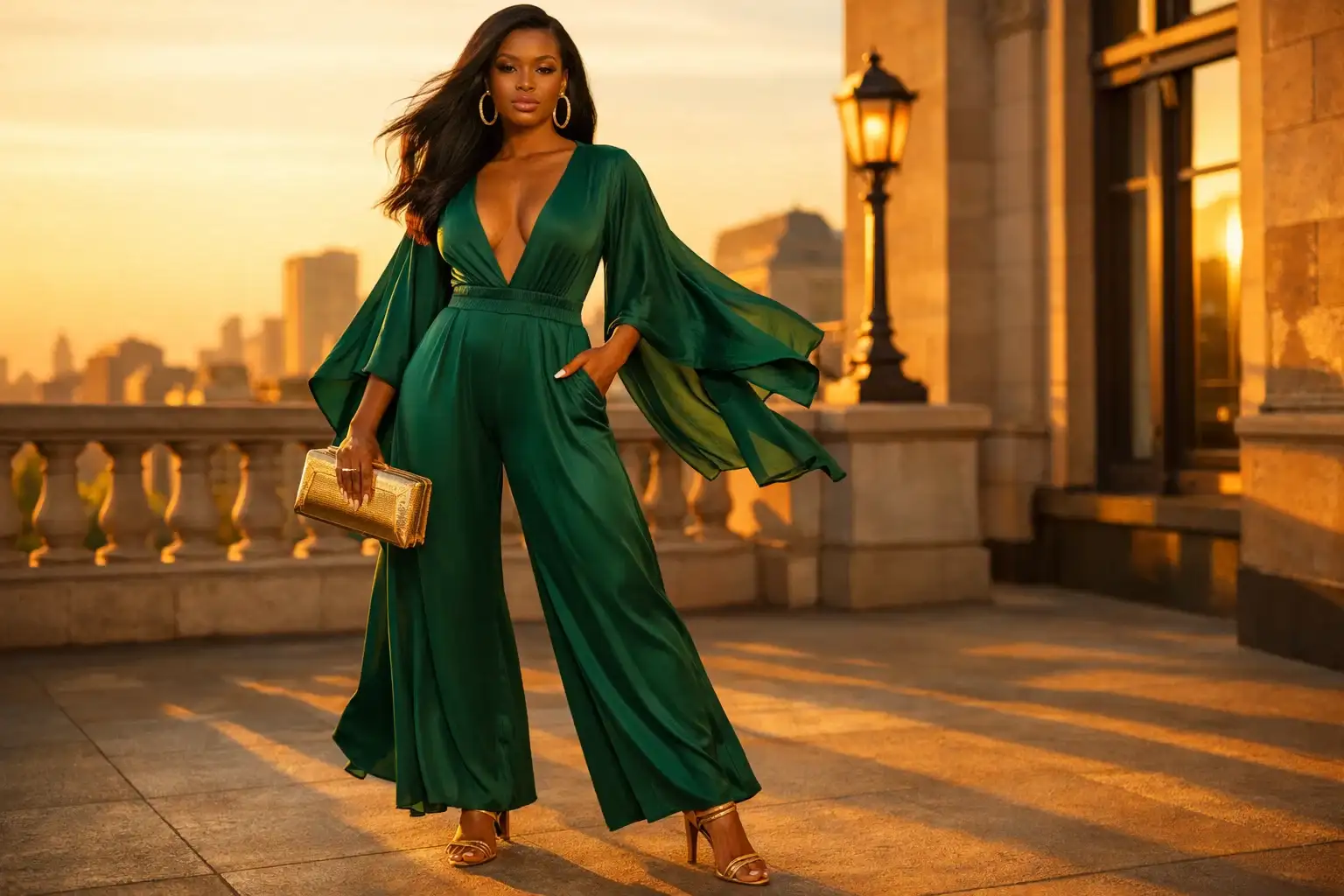 Emerald Green Jumpsuit with a Plunging Neckline