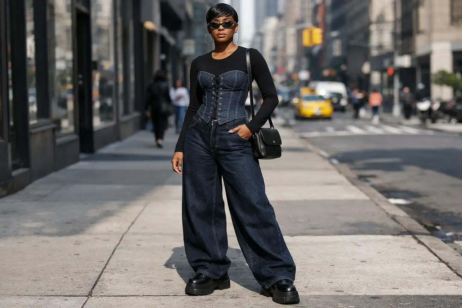 Denim Corset Over a Black Long-Sleeve Top with Wide-Leg Jeans