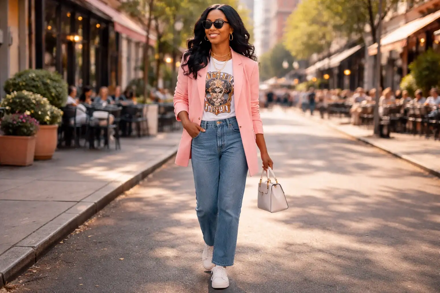 Pink Blazer Over a Graphic Tee with Relaxed Denim