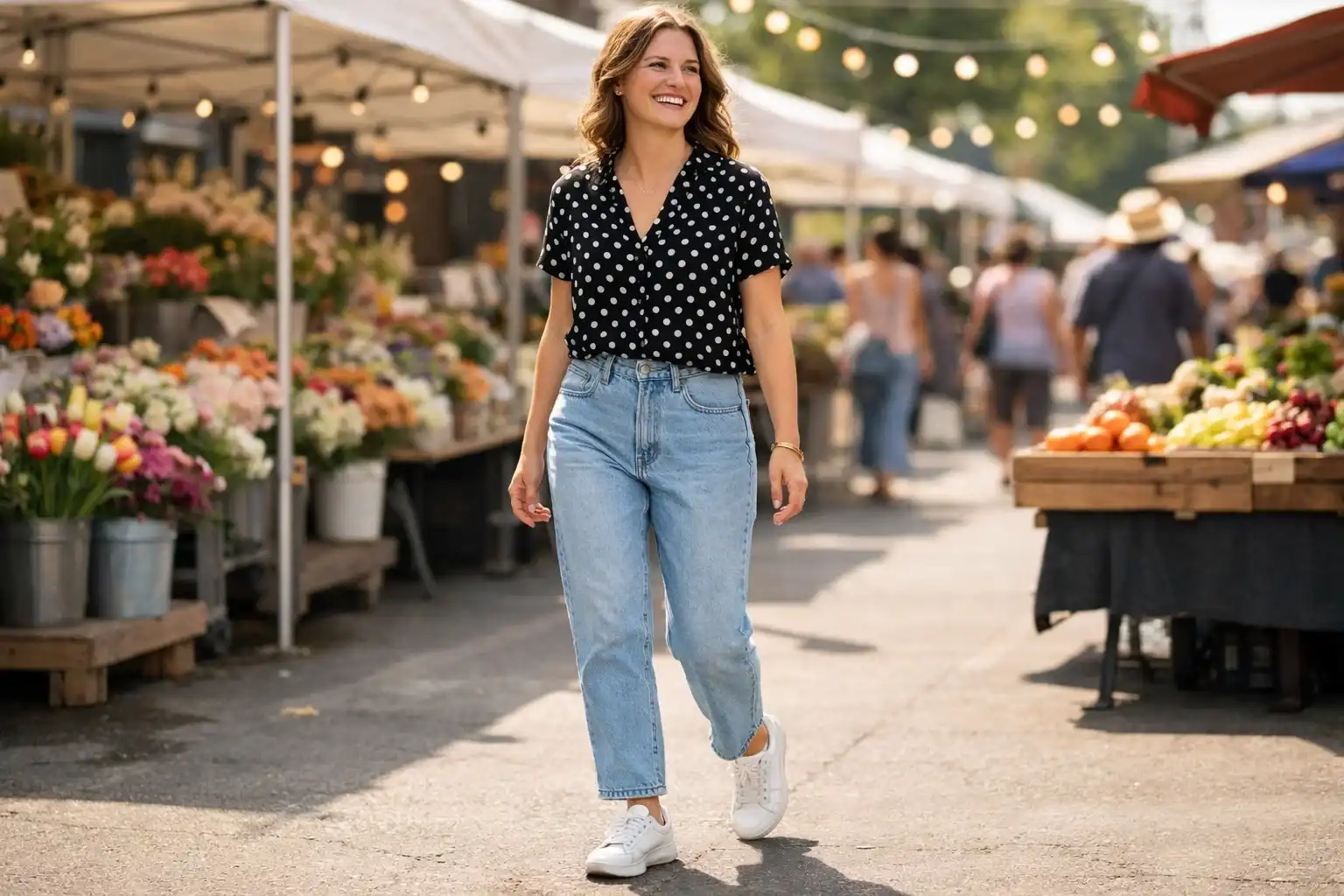 Polka Dot Blouse and Straight-Leg Jeans