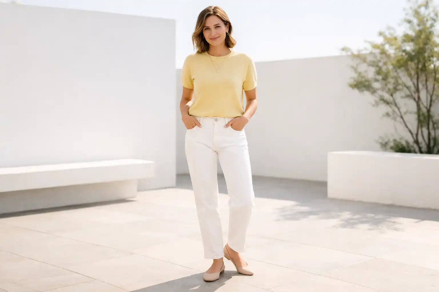 Short-Sleeve Sweater and White Denim