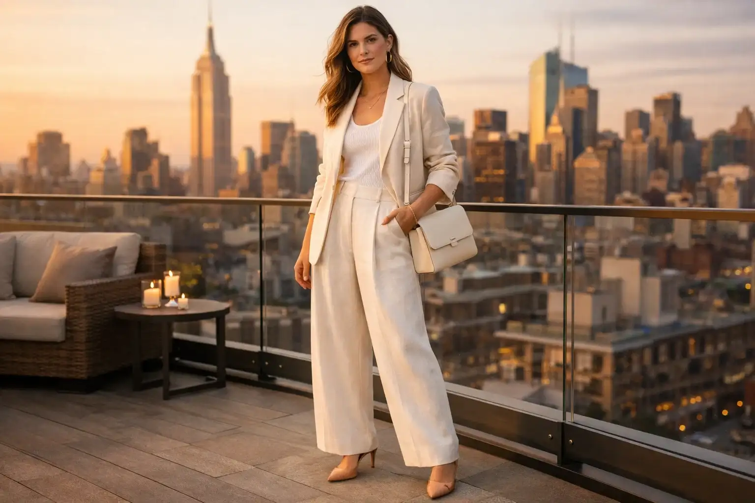 Cream Linen Blazer with Matching Wide-Leg Trousers