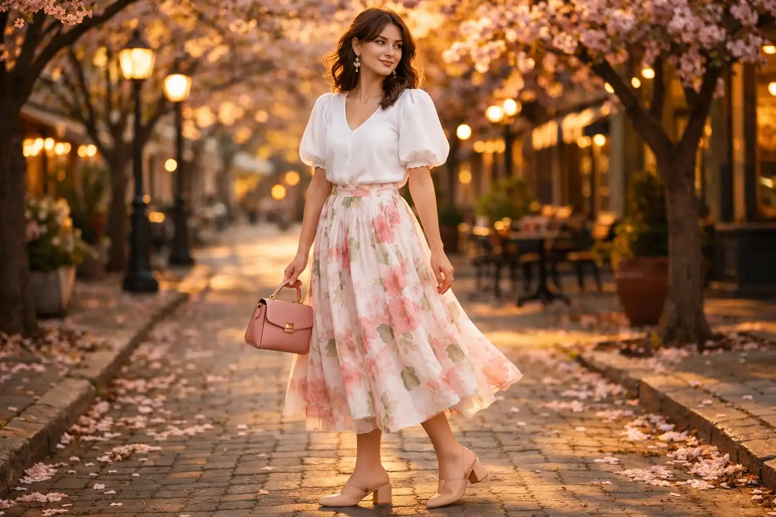 Soft Floral Midi Skirt with a White Puff-Sleeve Blouse
