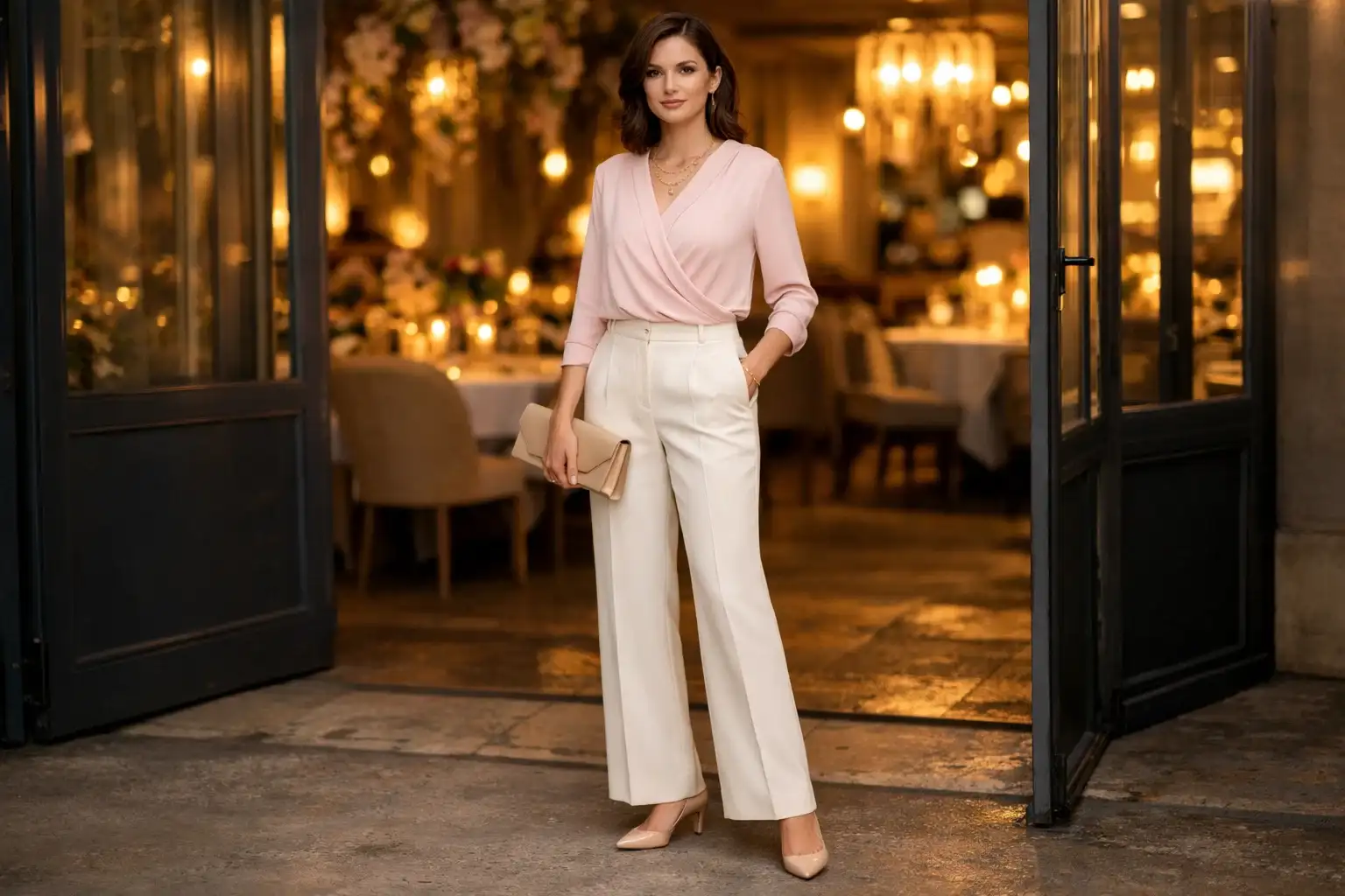 Blush Pink Wrap Blouse and Tailored Trousers