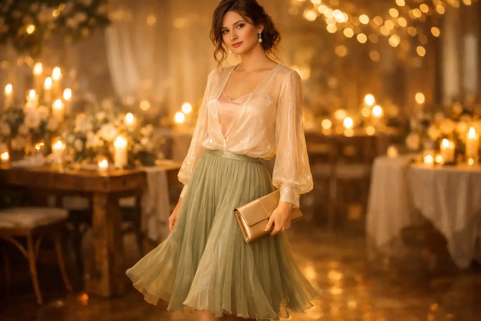 Sheer Blouse Over a Camisole with a Pleated Skirt