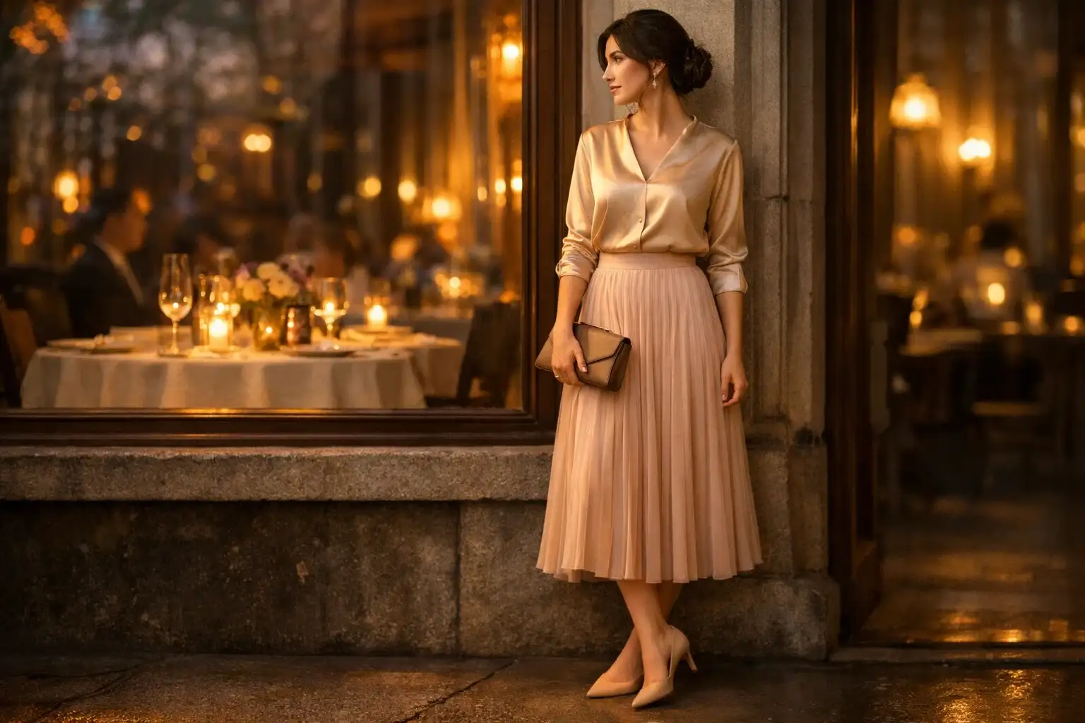 Pleated Midi Skirt and Silk Blouse