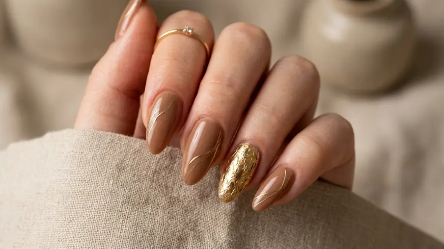 Latte Gel Nails with Gold Detail