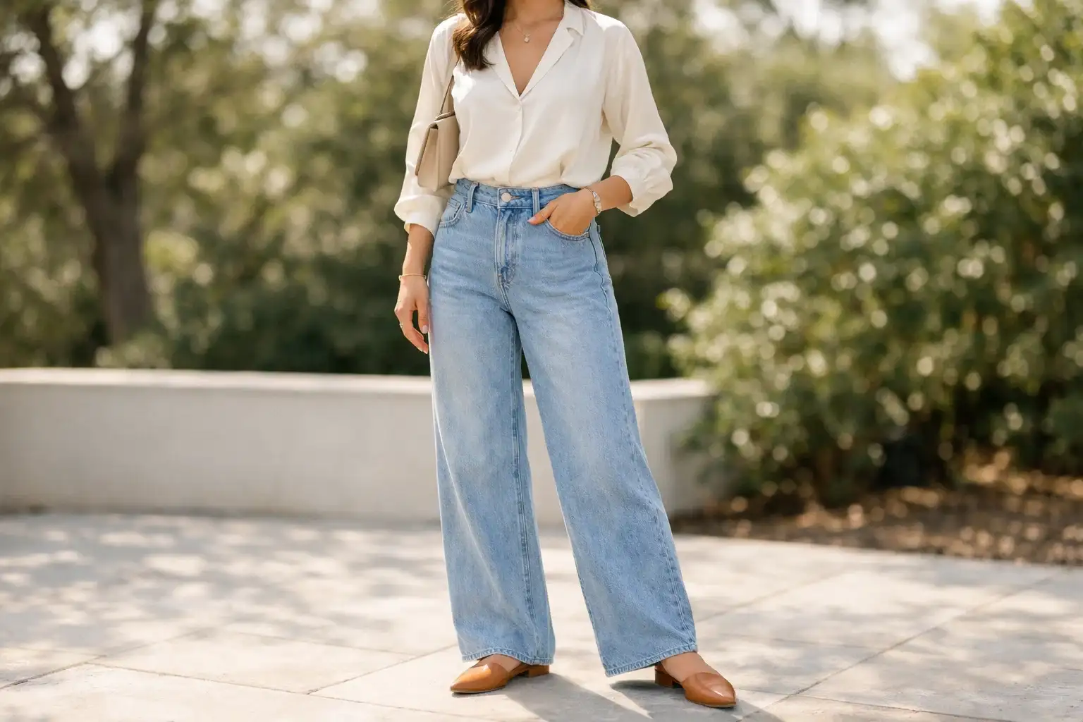 Wide Leg Jeans With a Silk Blouse