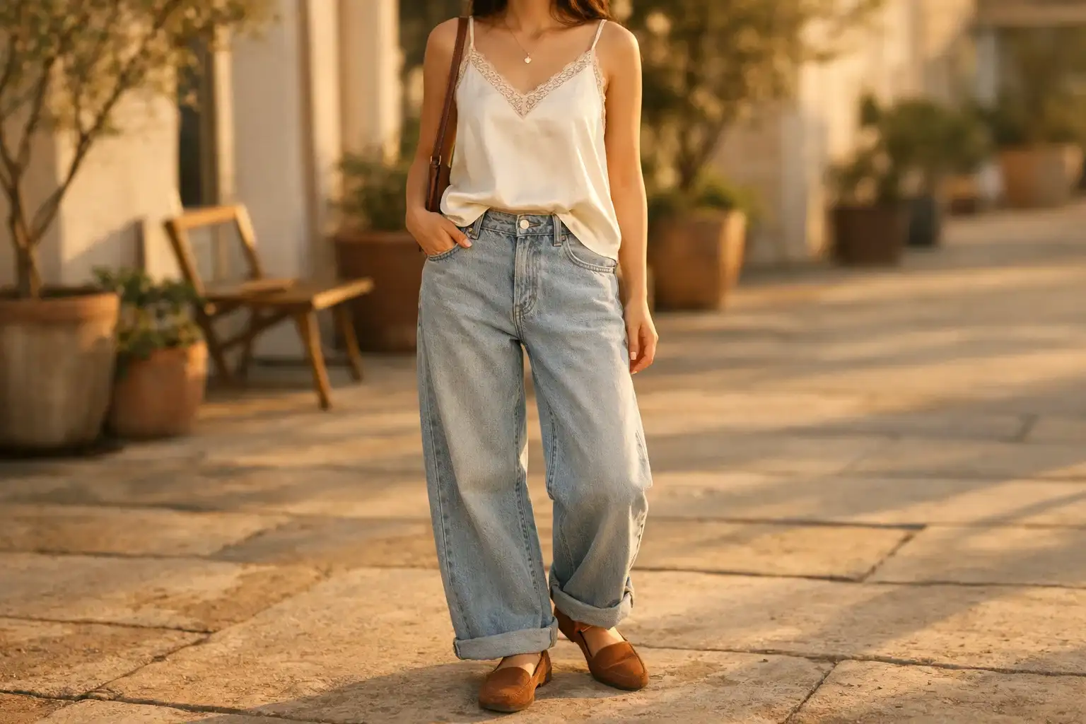 Baggy Jeans With a Lace Trim Camisole