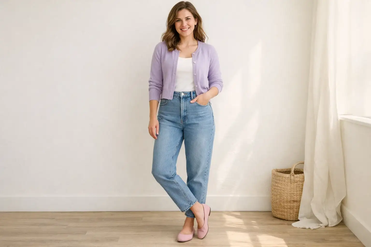High Waist Mom Jeans With a Pastel Cardigan
