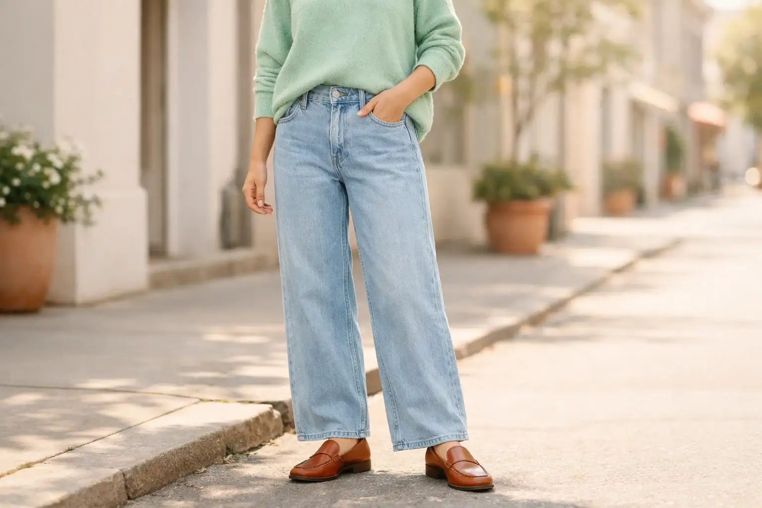 Light Wash Denim With a Pastel Sweater and Loafers