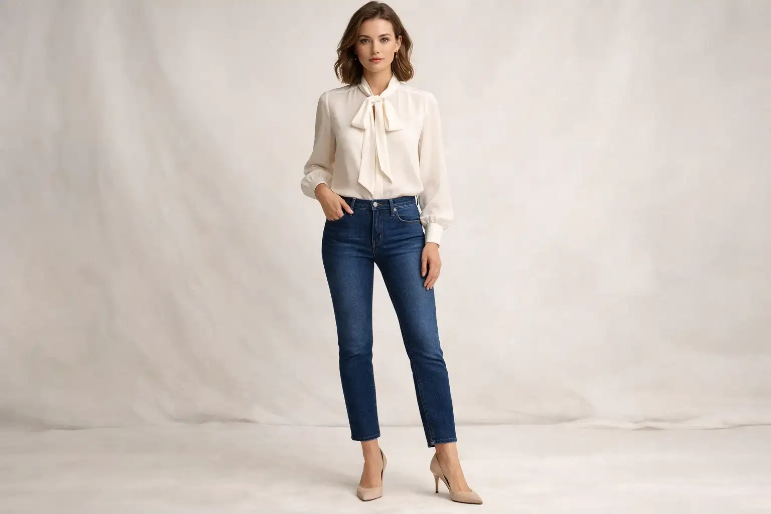 Stovepipe Jeans With a Pussy Bow Blouse