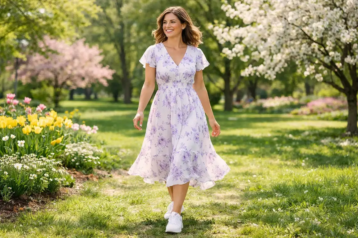 Flowy Midi Dress with White Sneakers