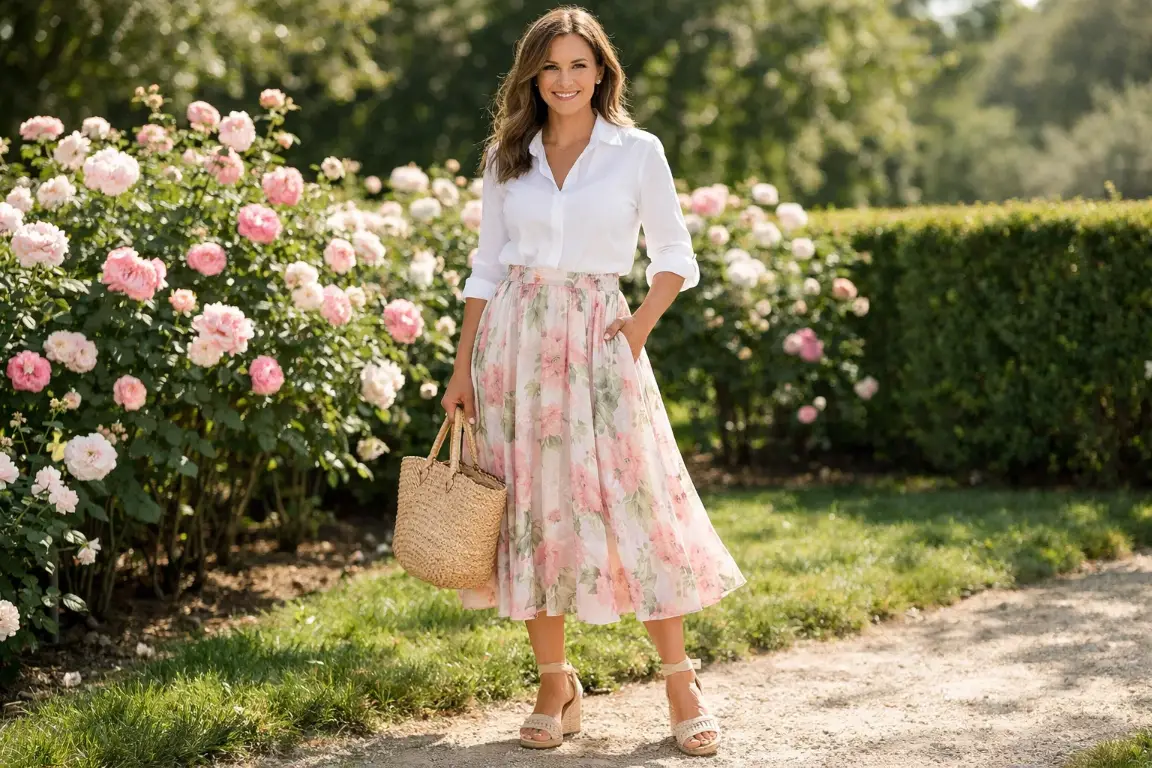 Floral Midi Skirt with a White Button-Down Shirt