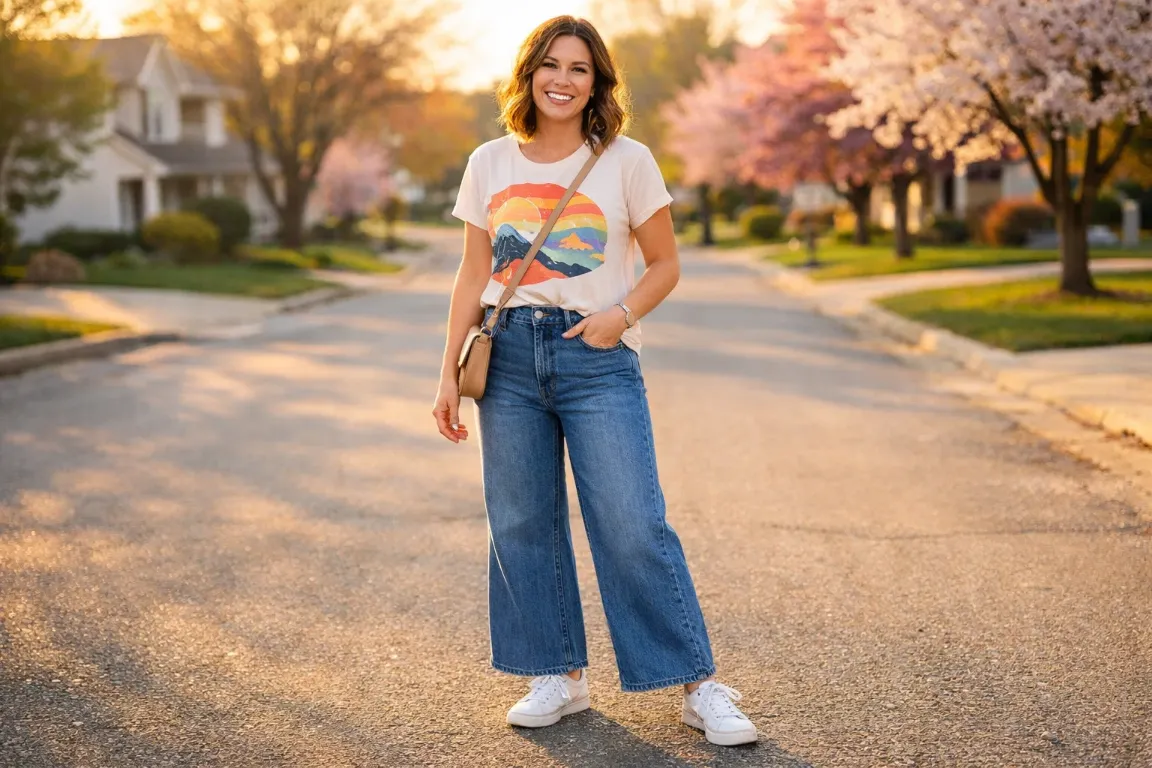 Wide-Leg Jeans with a Colorful Graphic Tee