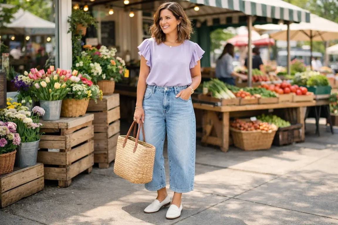 Barrel Jeans with a Pastel Flowy Blouse