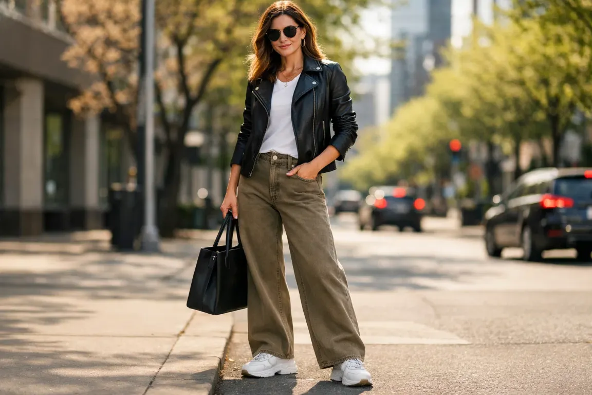 Leather Jacket with Wide-Leg Khaki Jeans and a Simple Tee