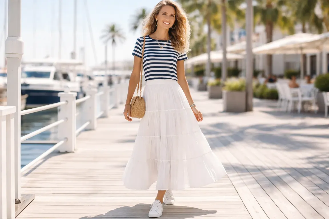 White Maxi Skirt with a Striped Crew Neck Tee