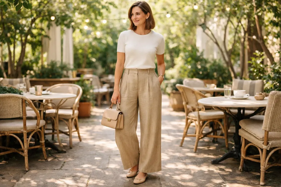 Linen Wide-Leg Trousers with a Fitted Cashmere Tee