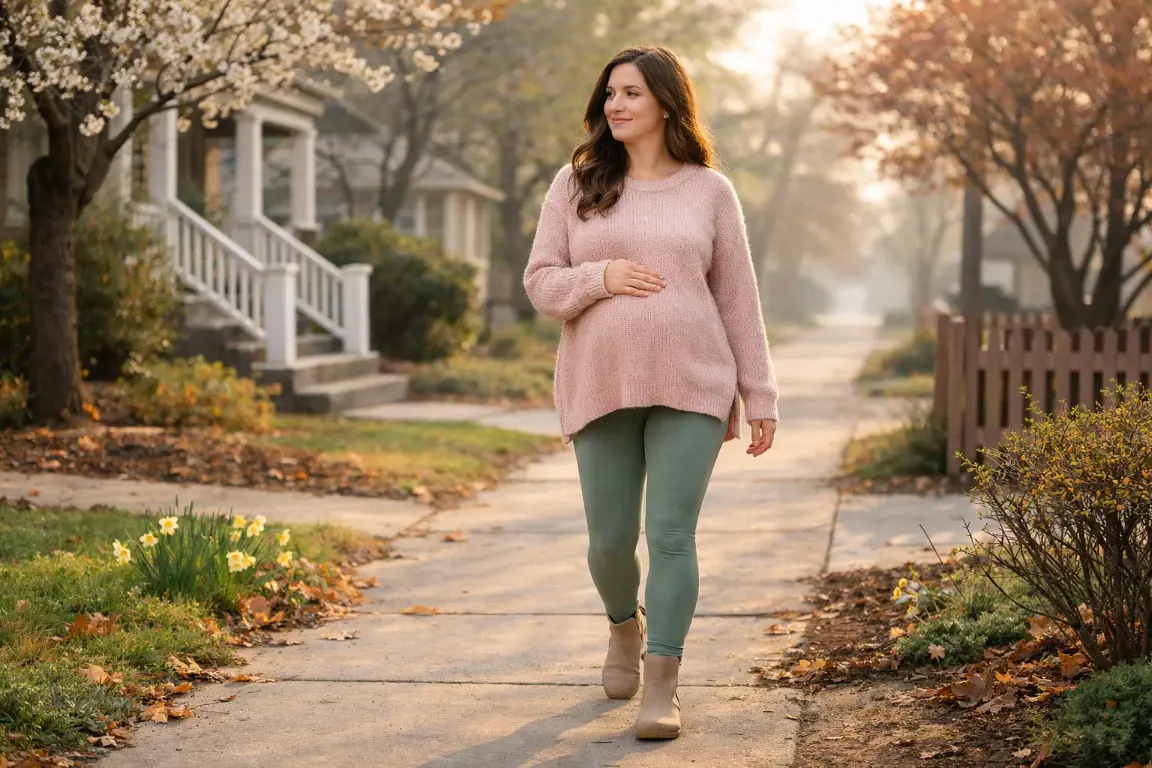 Soft Pink Sweater with Sage Green Maternity Leggings