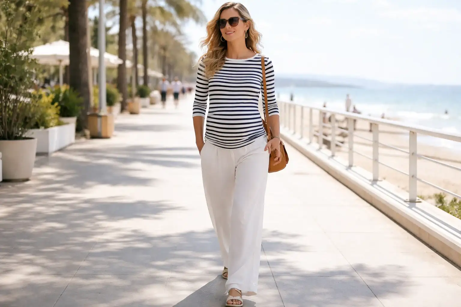Striped Knit Top with White Relaxed Trousers