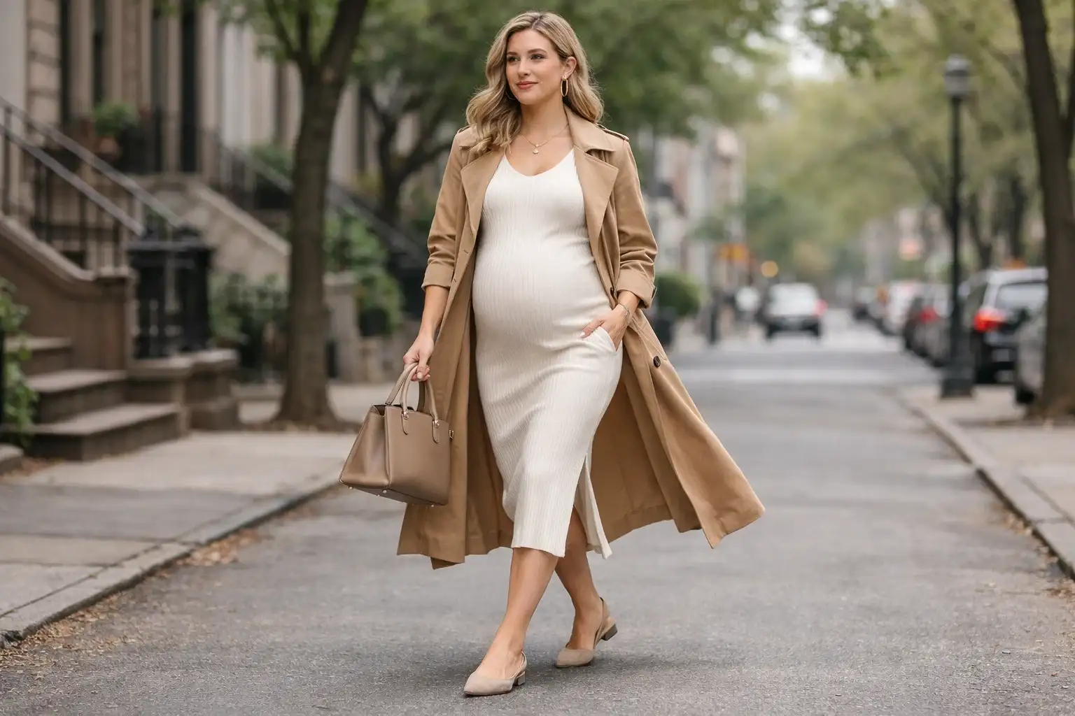 Neutral Trench Coat Over a Simple Knit Dress