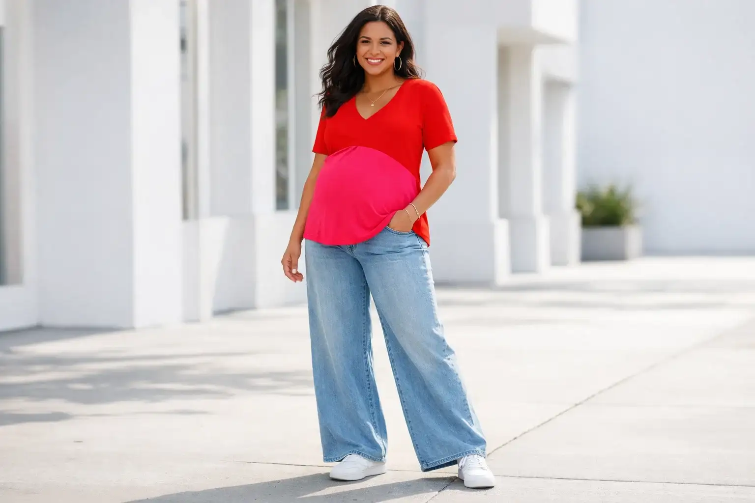 Color Block Top with Wide Leg Maternity Jeans