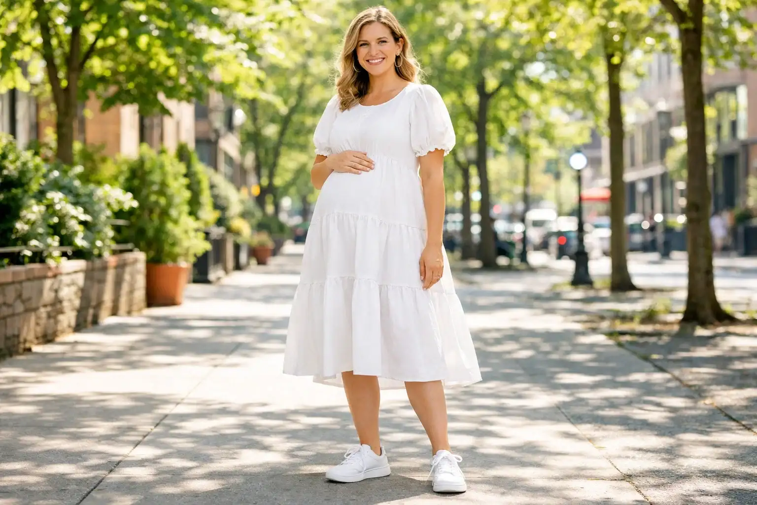 Tiered White Midi Dress with Sneakers