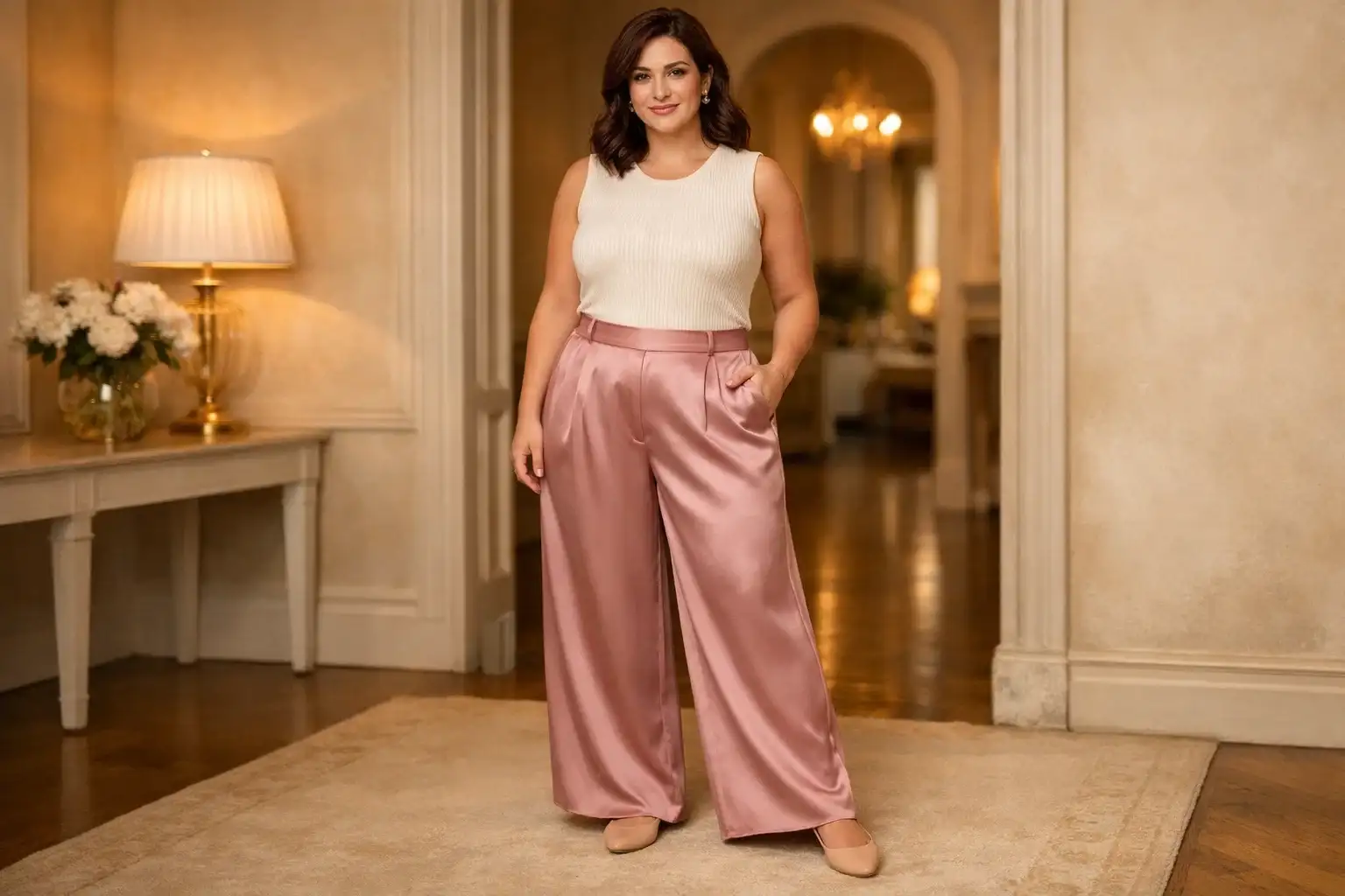 Satin Pants with a Fitted Knit Top