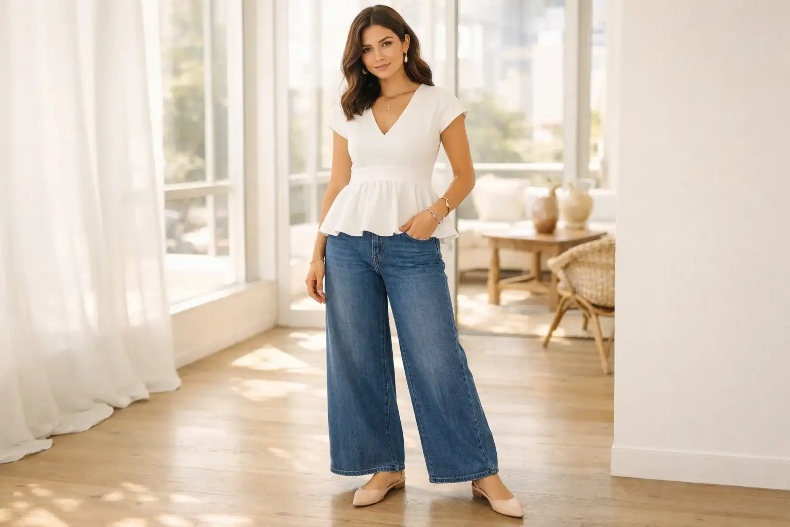 Peplum Top with Wide-Leg Jeans