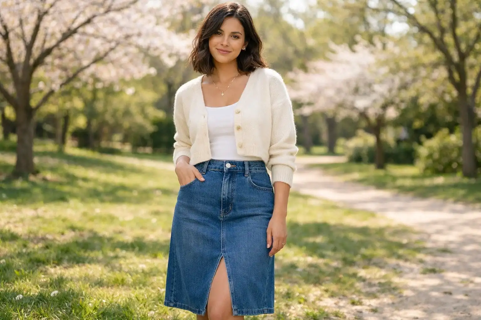 Midi Denim Skirt with a Cropped Cardigan