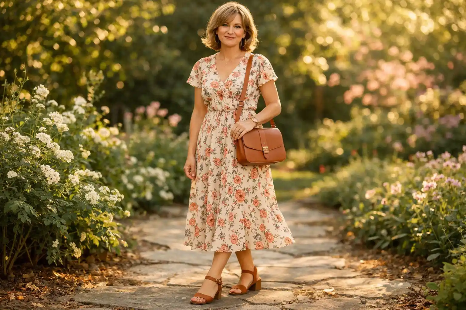 Floral Print Midi Dress in Natural Tones